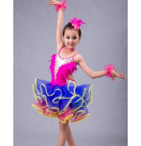 Fuchsia royal blue feather patchwork sequined backless competition professional performance  girls kids children latin dance dresses